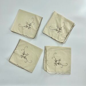 Set of 4 Vintage linen ecru and gray embroidered neutral dinner napkins